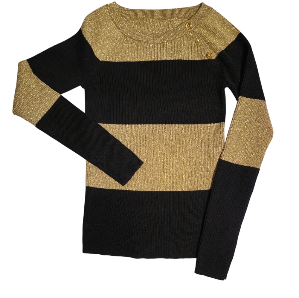 Ralph Lauren Women Size L Vintage Metallic Striped Sweater Black Gold Disco 70's